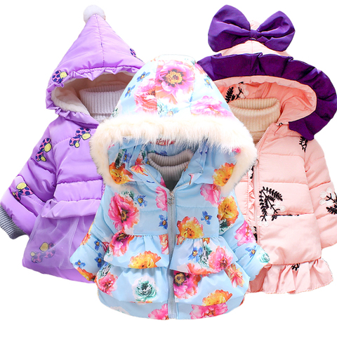 Chaqueta con capucha de piel gruesa para bebés y niñas, abrigos de flores, prendas de vestir exteriores para niños, Parka, trajes, ropa de invierno ► Foto 1/6