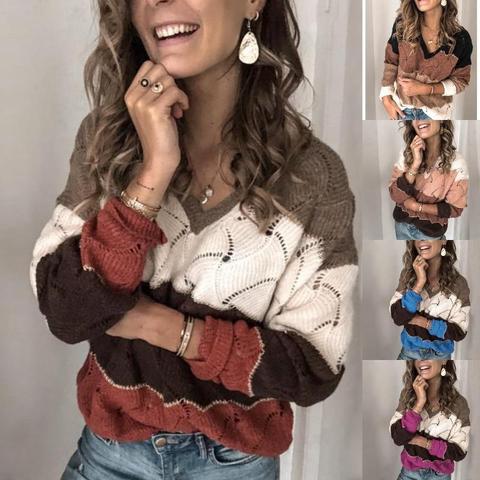 Suéter de manga larga con cuello en V para mujer, a la moda de retales Jersey grueso, Tops informales de talla grande 2022 ► Foto 1/6