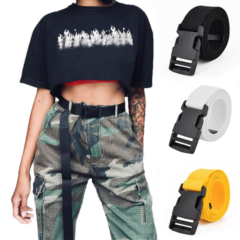 Moda negro cinturón de lona para las mujeres Casual mujer cintura cinturón con hebilla de plástico Harajuku Color sólido correas largas ceinture femme ► Foto 1/5