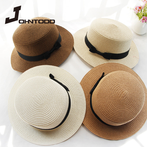 Sombrero de playa sencillo para padres e hijos, sombrero de Panamá informal para mujer, de marca para mujer, corbata de lazo con borde plano, sombrero de paja, gorro para el sol Niña ► Foto 1/6