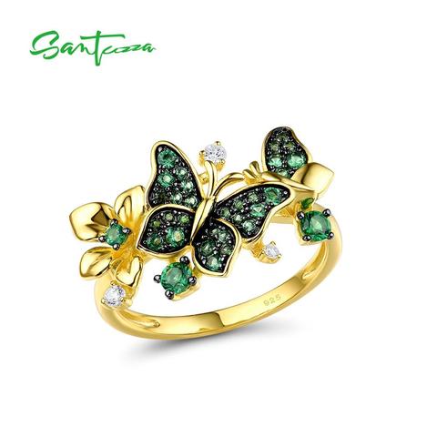 SANTUZZA-Anillo de plata de primera ley con forma de mariposa para mujer, sortija, plata esterlina 925, Color dorado, espinela verde brillante, fiesta, joyería fina ► Foto 1/6