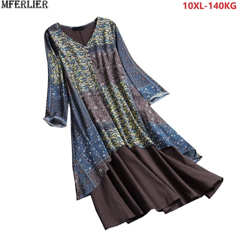 De talla grande 10XL 138-144cm de Otoño de las mujeres de manga larga vestido Maxi vestido floral vestido vintage vestido de mujer azul marino vestido suelto ► Foto 1/6