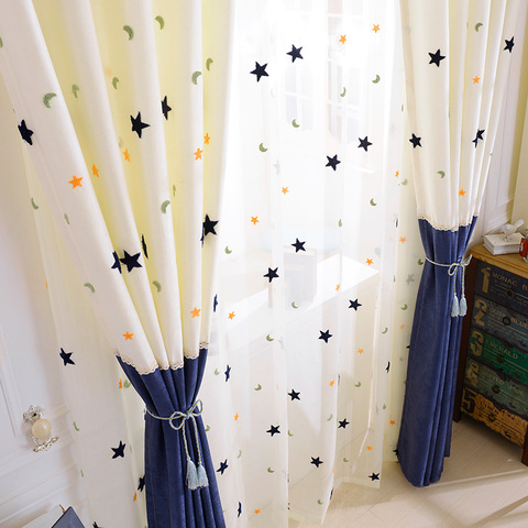 Cortinas para niños, cortinas de ventana de costura con estrella bordada y Luna, contraído contemporáneo, para dormitorio infantil, proyección de habitación de bebé ► Foto 1/5