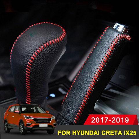 Cuero de vaca genuino collares de cambio de marchas de coche cubierta de freno de mano para Hyundai Creta ix25 2017, 2022 de 2022 accesorios de estilo de coche ► Foto 1/6