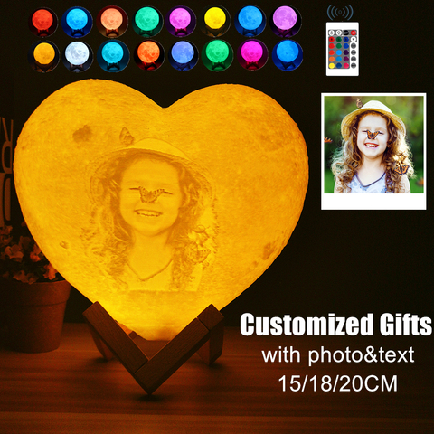 Lámpara de luna con forma de corazón personalizada, impresión 3D, foto personalizada, texto Lunar, carga USB, lámpara de noche, regalo personalizado ► Foto 1/6