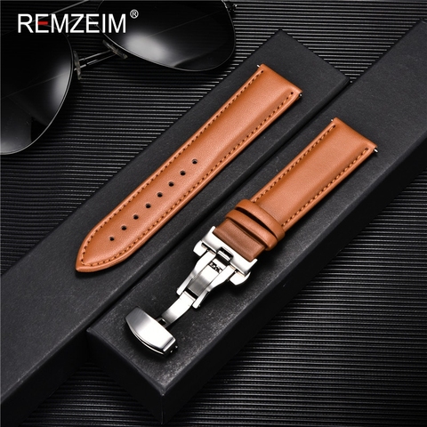 REMZEIM-Correa de cuero para reloj, Pulsera de piel de ternero de 18/20/22/24MM, hebilla de acero inoxidable, accesorios para reloj negro y marrón ► Foto 1/6