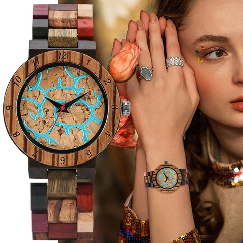 Reloj de madera de líneas azules irregulares para Mujer, pulsera de madera de Color mixto Vintage, de moda ► Foto 1/6