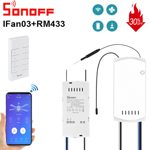 SONOFF-Controlador de ventilador de techo IFan03, interruptor inteligente con WIFI y mando a distancia RM433 RF para abanico y luz de hogar, AC100-240V, 50/60Hz ► Foto 1/6