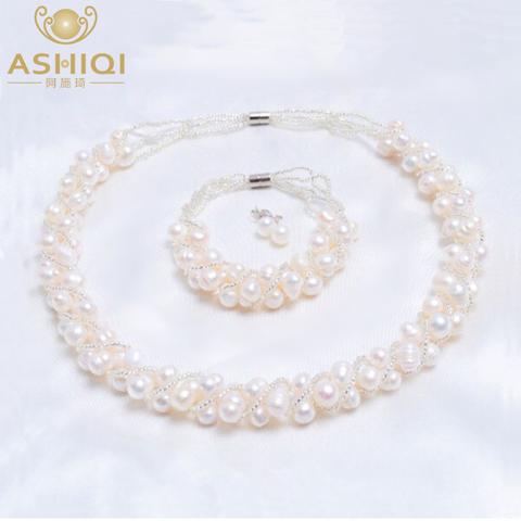 ASHIQI perla natural de agua dulce auténtica joyería hecha a mano conjuntos y más collar pulsera 925 pendientes de plata para mujer regalo de boda ► Foto 1/6