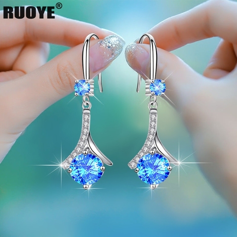 Pendientes de plata de ley 925 para mujer, aretes de cristal blanco azul y rosa de lujo, joyería nueva ► Foto 1/6