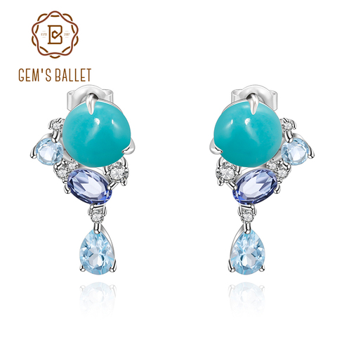 GEM'S BALLET de 925 hecha a mano de plata esterlina desmontable pendientes de piedras preciosas amazonita Natural Topacio Azul Stud pendientes para las mujeres ► Foto 1/1