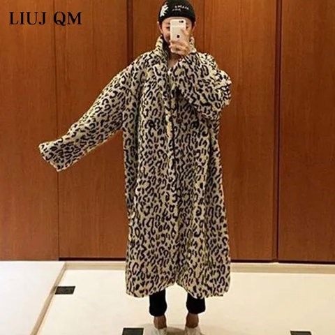 Chaqueta cálida de invierno para mujer, abrigo de piel sintética de tapeta holgada coreana, abrigo largo X con estampado de leopardo grueso, cortavientos ► Foto 1/6