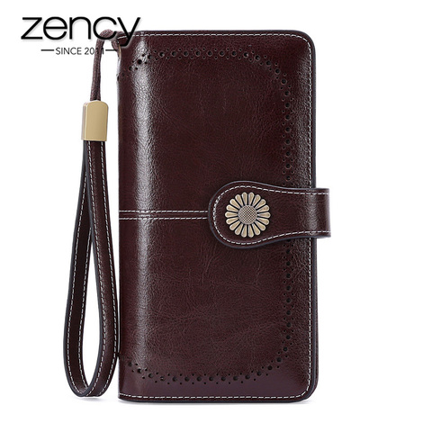 Zency-billeteras de piel auténtica para mujer, carteras de piel auténtica de gran capacidad, monedero, tarjetero, cartera larga de alta calidad, color negro y gris ► Foto 1/6