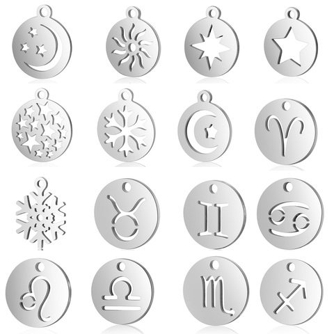 10 unids/lote estrella sol DIY encantos al por mayor 100% de acero inoxidable de copo de nieve colgante Luna 12 constelación Zodiaco joyería de signos encanto ► Foto 1/6