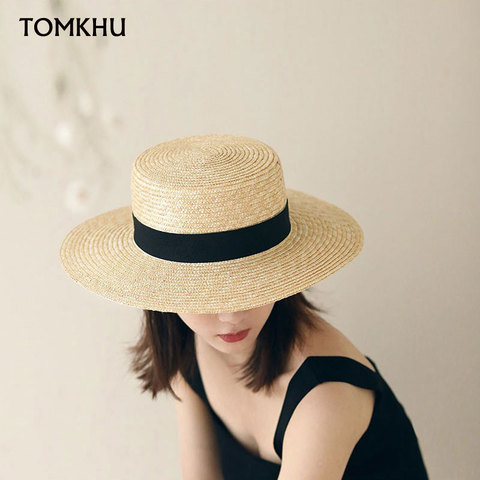 Sombrero de paja Natural de ala ancha para Mujer, Sombrero de paja Natural, Sombrero de sol para Mujer, gorro de playa de Panamá negro, Sombrero Fedora para Mujer ► Foto 1/6