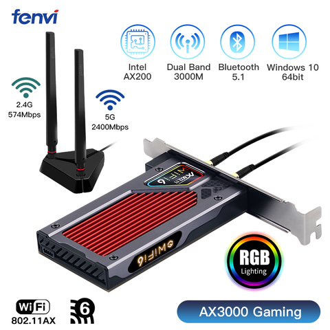 Fenvi-Tarjeta PCIe inalámbrica para juegos de doble banda, 3000Mbps, WiFi, 6 PCI-E, Bluetooth 5,1, adaptador RGB, 2,4G/5G, 802.11AX, WI-Fi, Intel AX200 Wlan ► Foto 1/6