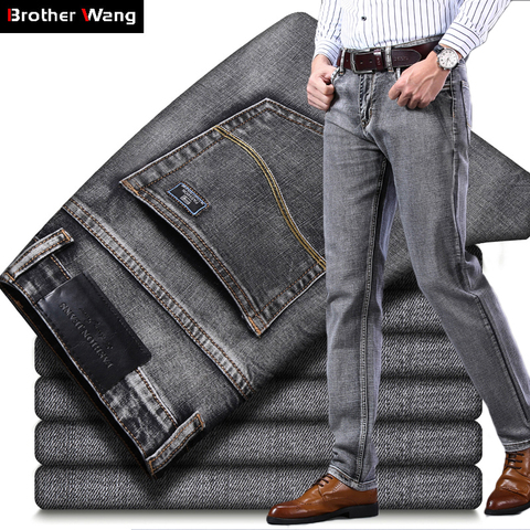 Pantalones vaqueros elásticos de corte Regular para hombre, moda de estilo clásico informal de negocios, pantalones grises negros y azules, novedad de 2022 ► Foto 1/6