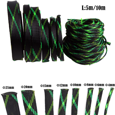 Funda trenzada extensible para mascotas de 5M, funda de Cable de alambre negra y verde y amarilla, revestimiento de alta densidad, organizador de cables de PC de 4-25mm ► Foto 1/6