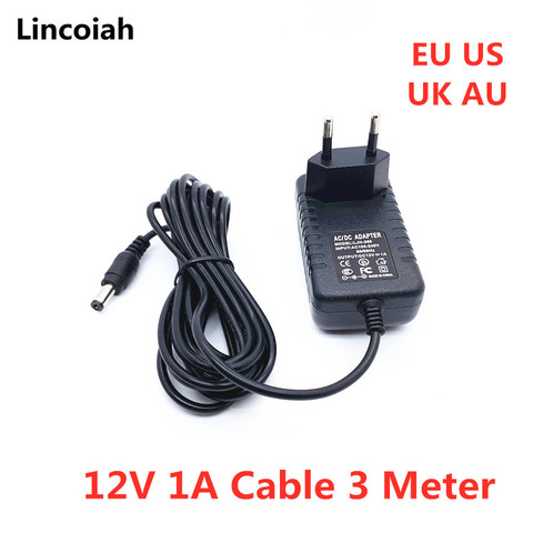 Cable de 3 m, cable de 3 metros de CA, 100-240V CC, 12 V, 1A, 1000Ma, adaptador de CA/CC, fuente de alimentación de cargador de voltios de 12 V para cámara CCTV de tiras de luz LED ► Foto 1/2