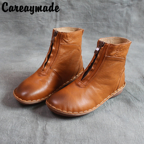 Careaymade-Botas de piel auténtica para mujer, botines caseros de piel suave y suelas blandas, estilo nacional Retro, para Otoño e Invierno ► Foto 1/5