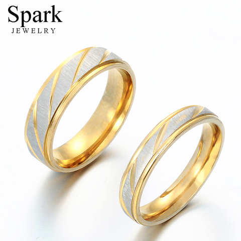 Spark-anillo de compromiso de titanio para mujer y hombre, sortija de boda con grabado de onda dorada, regalo de joyería ► Foto 1/6