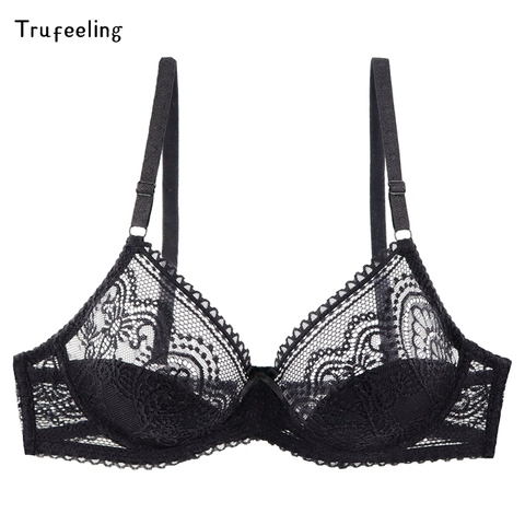 Trufeeling-Sujetador transparente ultrafino con copa 3/4, Bralette sin esponja con varillas, Copa B C, encaje Floral negro ► Foto 1/6