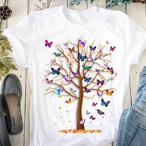 Camisetas de verano Harajuku con estampado de árbol con mariposas para mujer, camiseta informal de cuello redondo, camiseta de manga corta, envío directo ► Foto 1/2