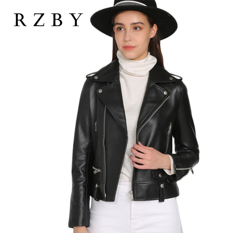 RZBY-abrigo de 100% delgado para mujer, remache de moda, locomotora, solapa con cremallera negra, Chaqueta de cuero de oveja Real auténtica para invierno ► Foto 1/6