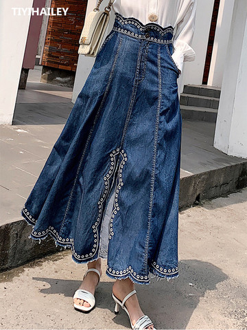 TIYIHAILEY envío gratis nueva moda largo Maxi Denim Jeans faldas para las mujeres S-XL Primavera Verano de alta cintura bordado Faldas con abertura ► Foto 1/5