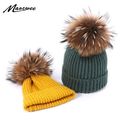 Gorro con pompón para niños de 1 a 7 años, gorrito de punto para bebé, sombrero de bebé, gorros con pompón de piel Natural auténtica para niñas y niños ► Foto 1/6