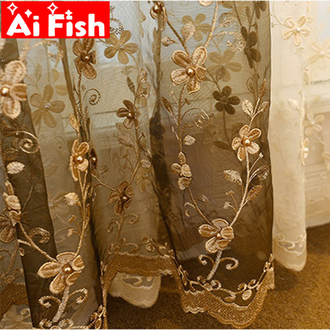 Café de uñas de lujo de Pearl bordadas ventana cortinas para sala de estar de tul en relieve europeo Floral cortina con color de Beige tela wp362 #5 ► Foto 1/6
