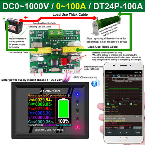 DT24P-Medidor de amperios de potencia, voltímetro de CC, amperímetro, probador de capacidad de batería, detector de calibre de voltaje con bobina CT, 0 ~ 1000V, 100A ► Foto 1/3