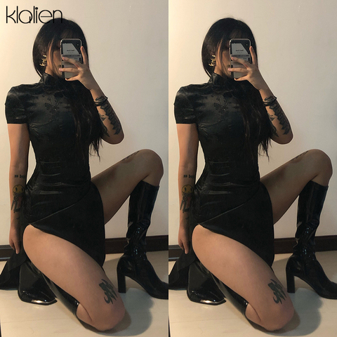 KLALIEN negro monocromo Impresión de satén vestidos tradicionales chinos vestido largo Qipao Sexy Split Tang traje banquete Qipao Mujer ► Foto 1/5