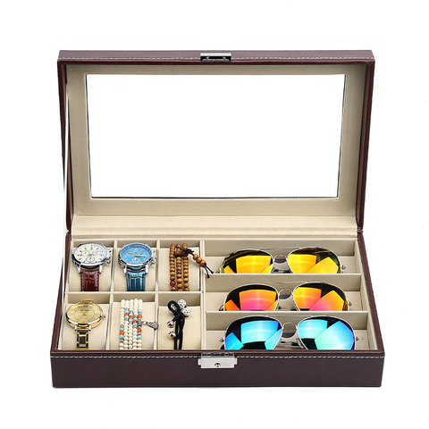 Caja de cuero para 6 relojes, estuche de joyería y almacenamiento de gafas y gafas, estuche para exhibir gafas, organizador marrón y negro, 3 piezas ► Foto 1/6