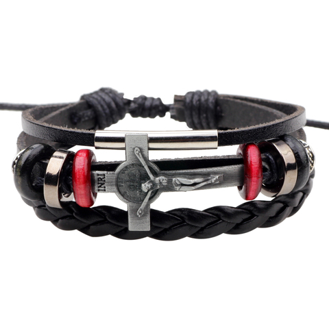 Pulsera de cuero con cruz de Jesús para hombre, pulsera tejida a la moda, varias capas, Punk ► Foto 1/5