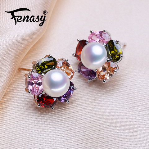 FENASY-pendientes de perlas naturales de agua dulce para mujer, de Plata de Ley 925, aretes bohemios con tuerca de flor de Rubí ► Foto 1/1