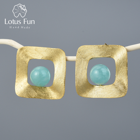 Pendientes de tuerca cuadrados irregulares de estilo minimalista con piedra Natural, Lotus Fun, oro de 18 quilates, joyería fina hecha a mano, Plata de Ley 925 auténtica ► Foto 1/6