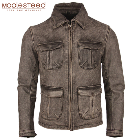 Vintage agobiados de cuero de la motocicleta chaqueta gruesa 100% Piel de vaca Natural Slim Moto Biker chaqueta de cuero ropa de hombre de invierno M217 ► Foto 1/6