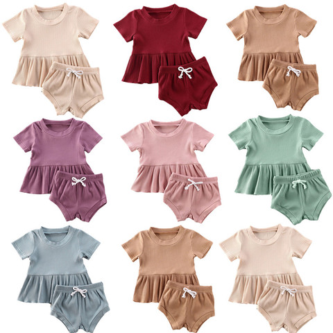 Ropa para bebés recién nacidos de 0 a 24 meses, conjuntos de ropa para niños y niñas, camisetas de manga corta lisa, Tops + Pantalones cortos, 2 uds. ► Foto 1/6