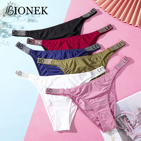 BIONEK-ropa interior Sexy con letras y diamantes de imitación para Fitness, bragas de satén para Realce de cadera, Tanga de cintura baja, bragas sin costuras, lencería ► Foto 1/6