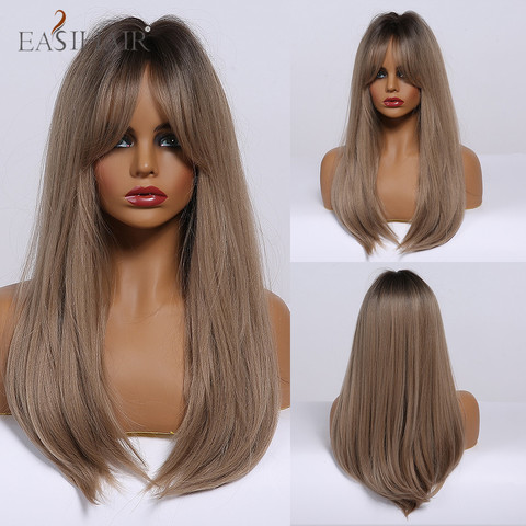 EASIHAIR-Peluca de cabello sintético liso para mujer, cabellera artificial largo con flequillo, color marrón ombré, resistente al calor, para Cosplay de Lolita, uso diario ► Foto 1/6