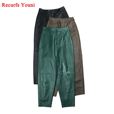 Pantalones bombachos de piel auténtica para Mujer, 100% de piel de oveja auténtica, color verde/gris, de nueve puntos, para invierno ► Foto 1/6