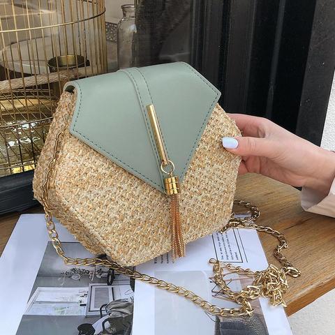 Bolso hexagonal de paja y cuero para mujer, de mimbre tejida a mano bandolera para playa, estilo bohemio, 2022 ► Foto 1/6