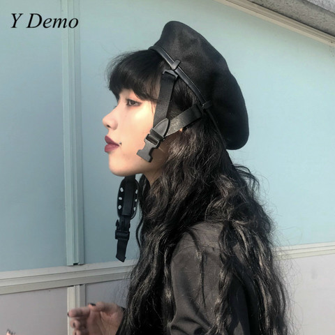 Harajuku-boina negra con hebilla ajustable para mujer, sombrero de pintor para chica ► Foto 1/6