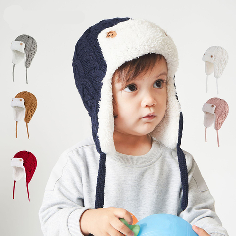 Gorro Bomber de invierno para bebé, gorrito de punto de algodón para niño y niña con forro polar ► Foto 1/6