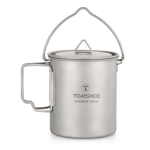 TOMSHOO-tazón taza de agua de titanio, 750ml, con tapa y Asa plegable, para acampar al aire libre, ollas de cocina, Picnic, olla para colgar ► Foto 1/6