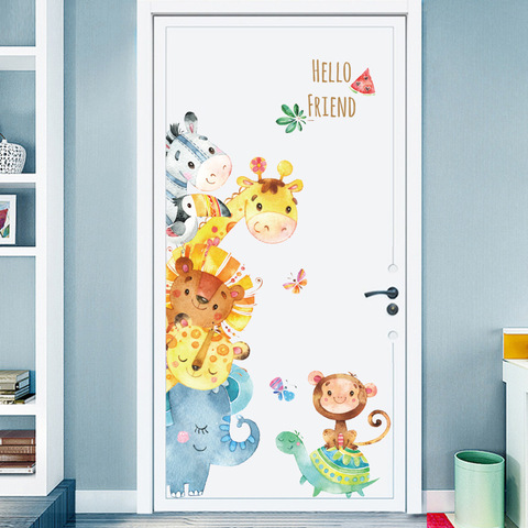 Pegatinas de dibujos animados para puerta de estilo pintado a mano, pegatinas de animales para pared para niños, diseño de cuarto de arte, adhesivos decorativos para pared, calcomanías para decoración del hogar ► Foto 1/6