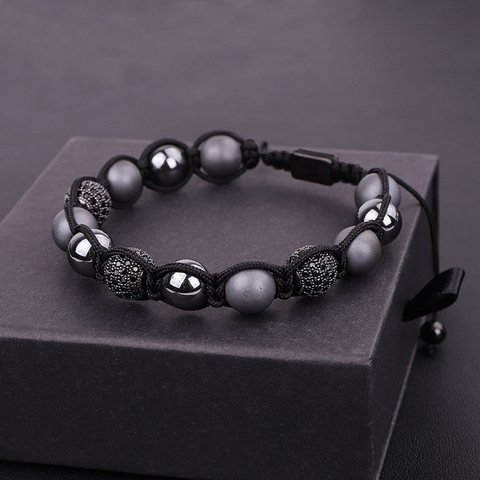 Pulsera de joyería con cuentas de hematita para hombre, brazalete ajustable con cuentas de circonia cúbica, Micro bolas, macramé ► Foto 1/6
