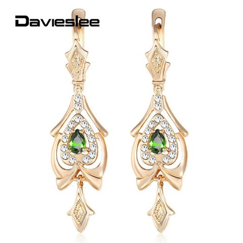 Davieslee-pendientes colgantes de circonia cúbica para mujer, aretes colgantes, Zirconia, circonita, zirconita, color verde, Gema en forma de lágrima, relleno de oro rosa 585, LGE109 ► Foto 1/6