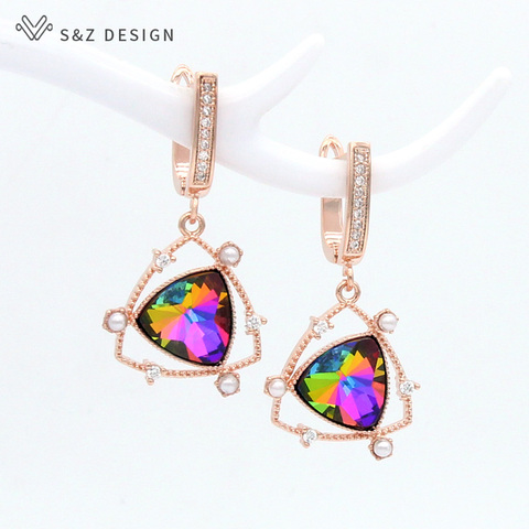 S & Z-pendientes colgantes de cristal Triangular para mujer, diseño colorido, joyería de boda, gota de oro blanco y oro rosa 585 ► Foto 1/6